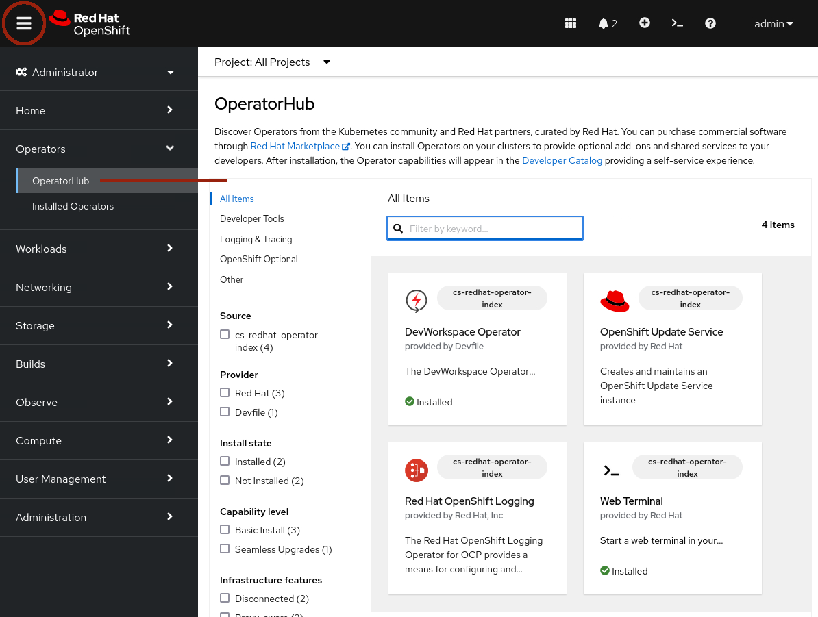 Screenshot of the salsa.lab clusters OpenShift Web Console showing OperatorHub with a custom CatalogSource