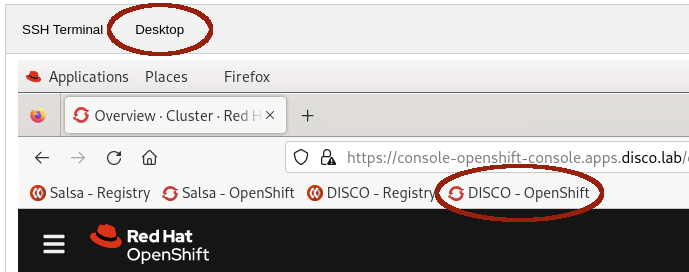 Screenshot of Desktop with DISCO - OpenShift bookmark highlighted